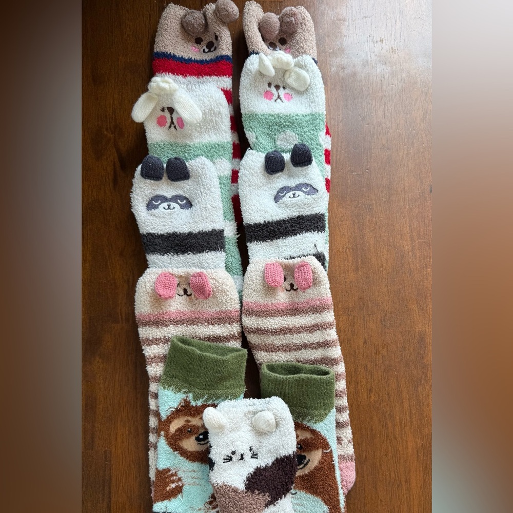 5- Cozy Kids Plush Animal Crew Socks - Pink, Green, White